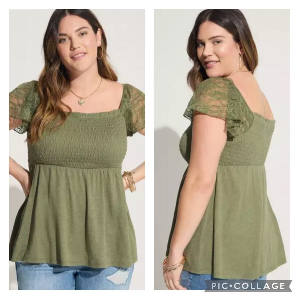 torrid Olive Green Lace Sleeve Smocked Peplum Top